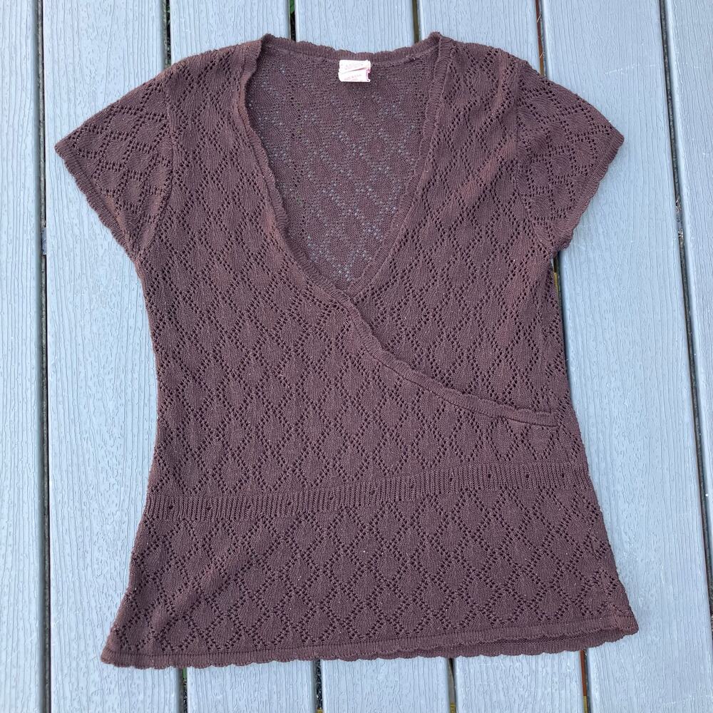 Y2K brown diamond knit surplice wrap top, bohemian fairycore hippie